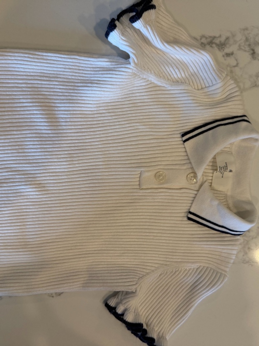 H&M White Ribbed Knit Polo Top with Black Trim